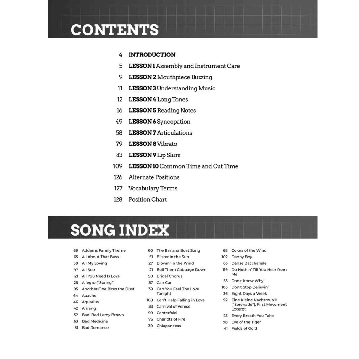 Table of contents and song index for the book called Do-it-yourself trombone. The best step-by-step guide to start playing. 
