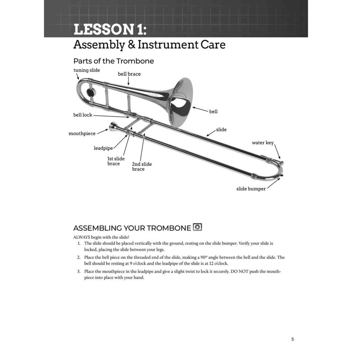 Instructional page on assembling a trombone with labeled parts and assembly steps.