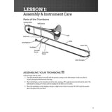 Instructional page on assembling a trombone with labeled parts and assembly steps.