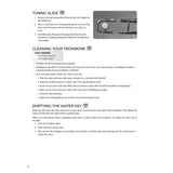 Instructions for tuning, cleaning, and emptying a trombone on a white background