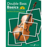 Cover of the music book, "Double Bass Basics" featuring a green background with a picture of a double bass. 
