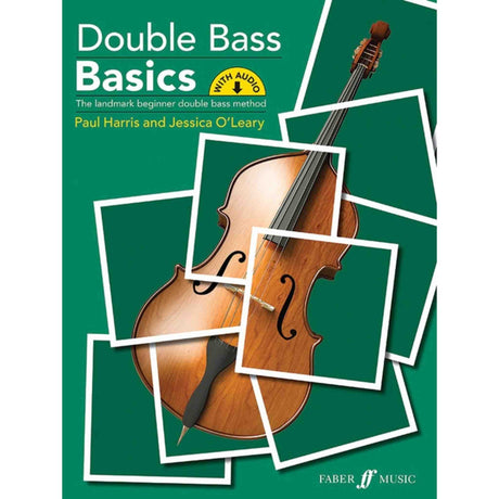 Cover of the music book, "Double Bass Basics" featuring a green background with a picture of a double bass. 