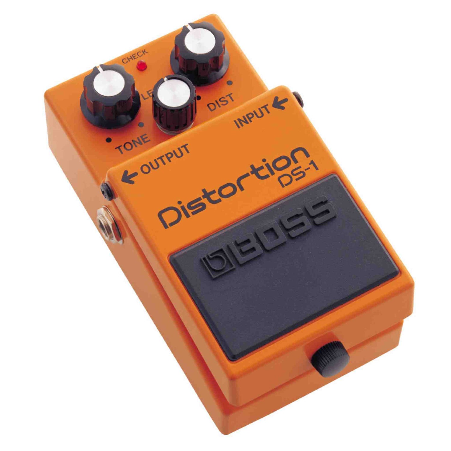 Orange Boss Distortion DS-1 guitar effects pedal on a white background