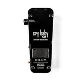 The bottom of the Dunlop 535 Cry Baby reissue showing the battery compartment, logo info, rubber feet, and control knob.