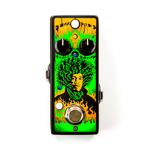 The front of a Jimi Hendrix guitar pedal with a stylized green, black, and orange art design.