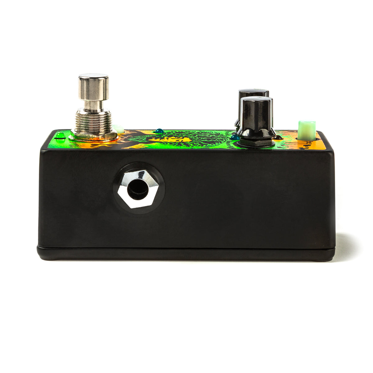 The right side of a Jimi Hendrix guitar pedal with the black finish and input jack visible.