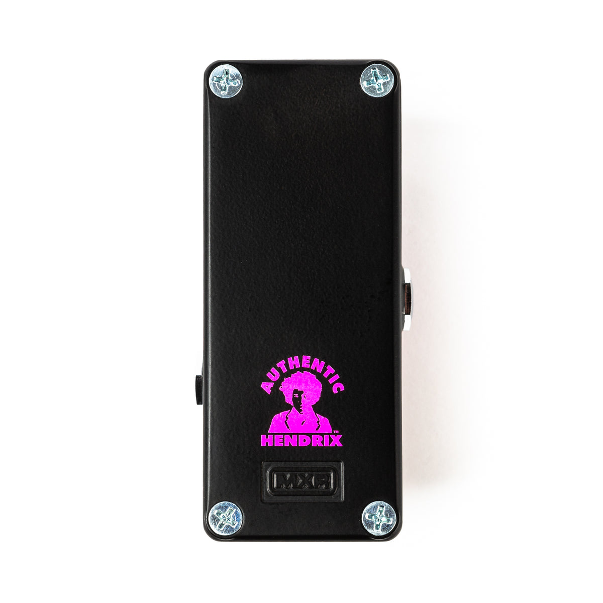 The back of a Jimi Hendrix guitar pedal with a black finish and purple art design.
