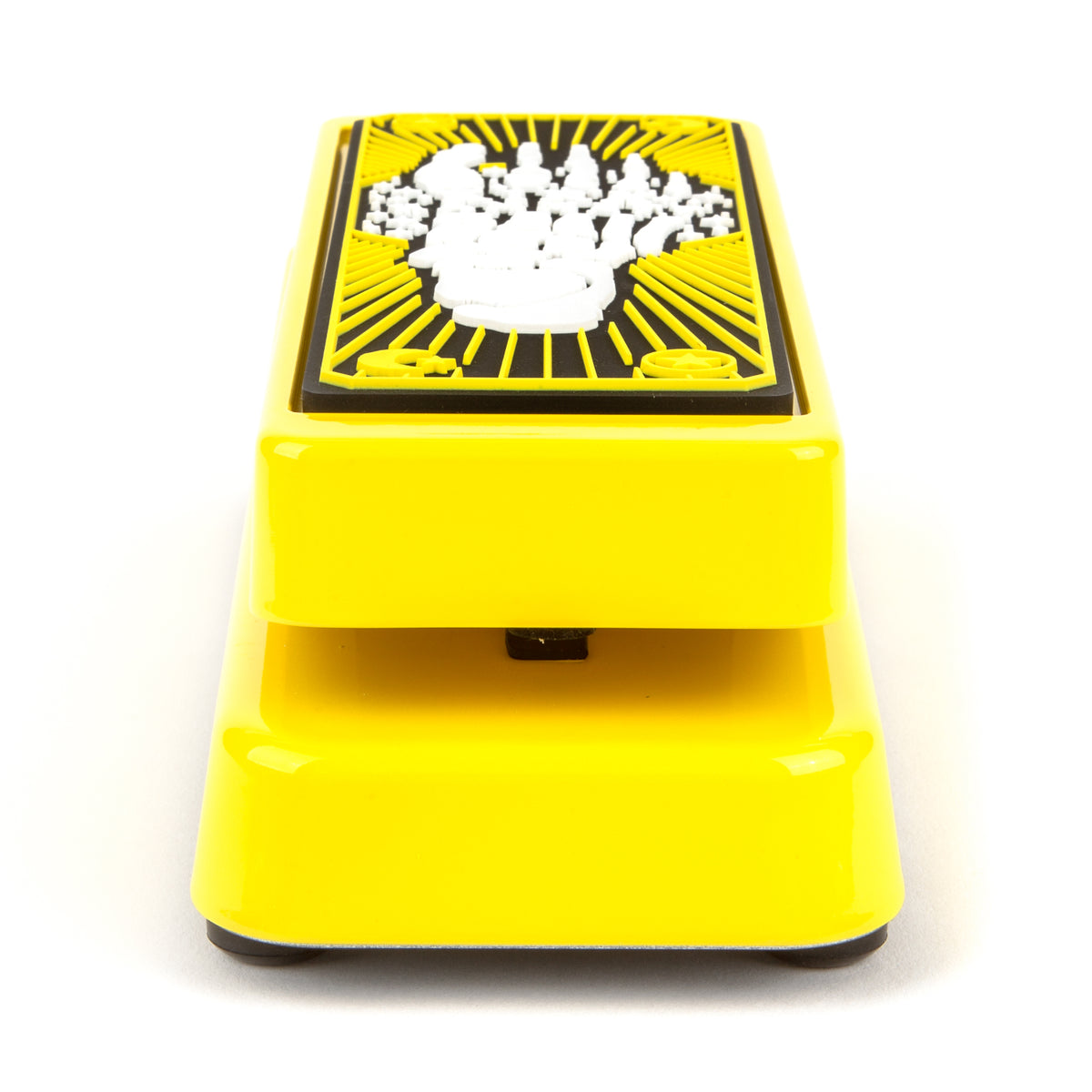 Back view of the yellow Kirk Hammett Dunlop wah pedal.