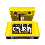 Front view of a  yellow Kirk Hammett Dunlop Wah pedal.