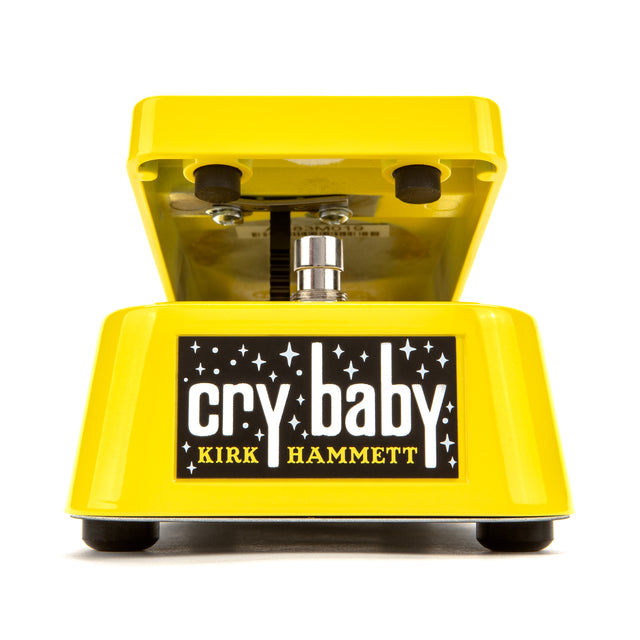 Front view of a  yellow Kirk Hammett Dunlop Wah pedal.