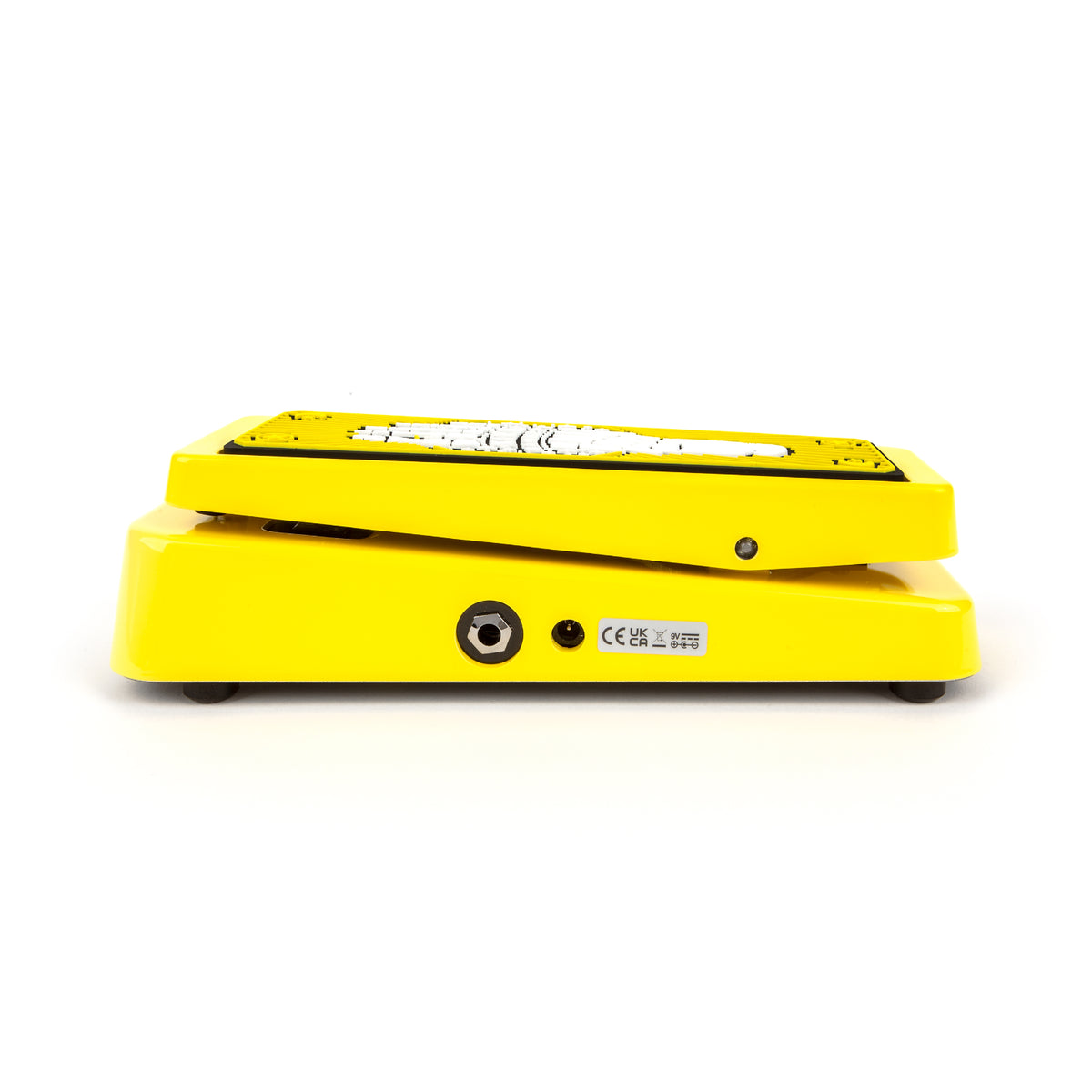 Right view of the yellow Kirk Hammett Dunlop wah pedal. The output jack is visible.