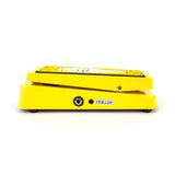 Right view of the yellow Kirk Hammett Dunlop wah pedal. The output jack is visible.