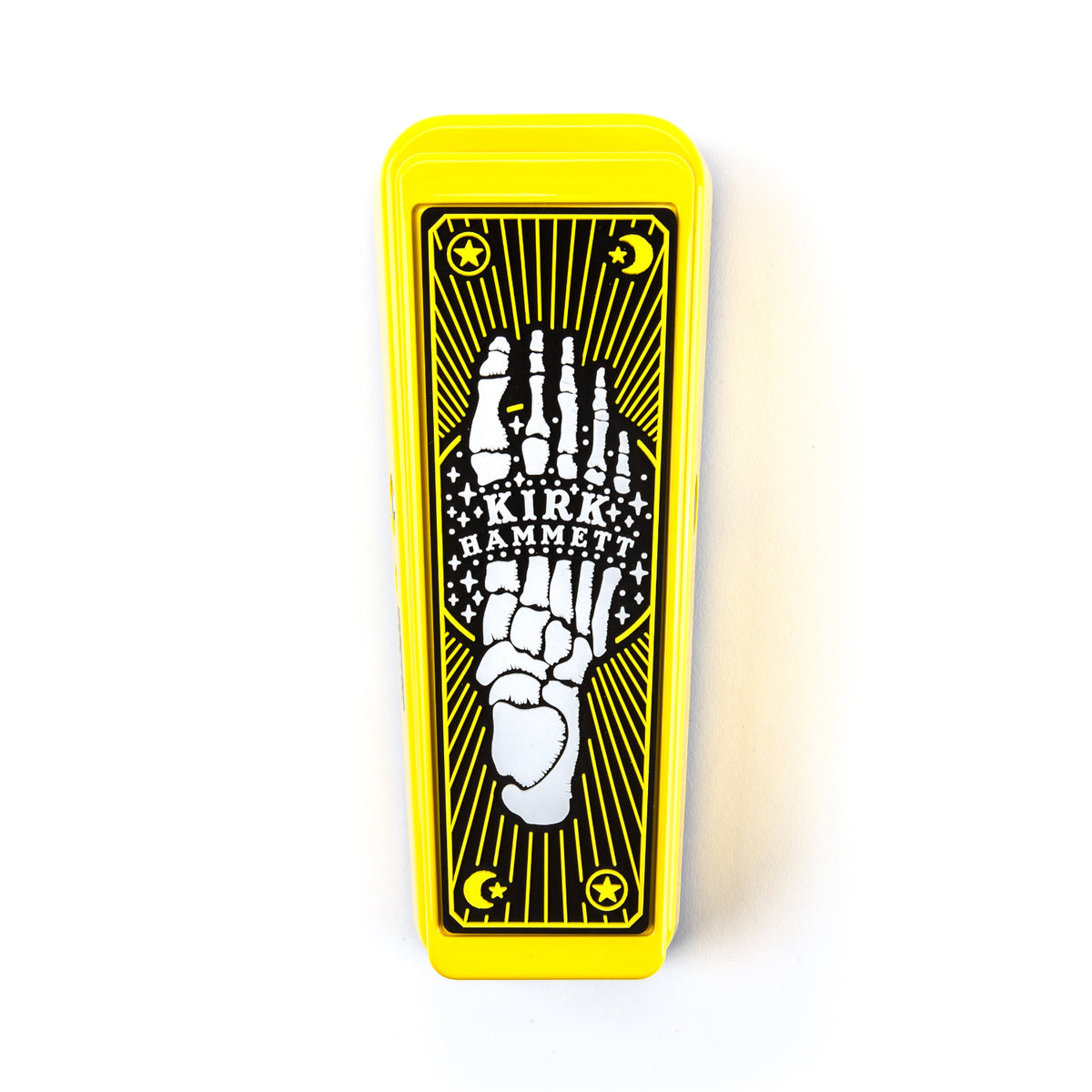 Top view of a yellow Kirk Hammett Dunlop wah pedal. There is a white and black skeleton foot design.