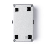 Bottom view of a MXR pedal with metallic silver finish. Assembly screws and rubber feet are visible.