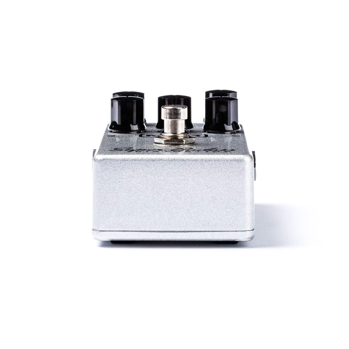 The bottom image of a MXR guitar pedal with a metallic silver finish.