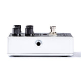 The left view of an MXR pedal with silver metallic finish. Various controls and output jack can be seen.