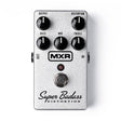Top image of the MXR Super Badass Distortion pedal with various control knobs and on/off switch. The housing is a metallic silver color.