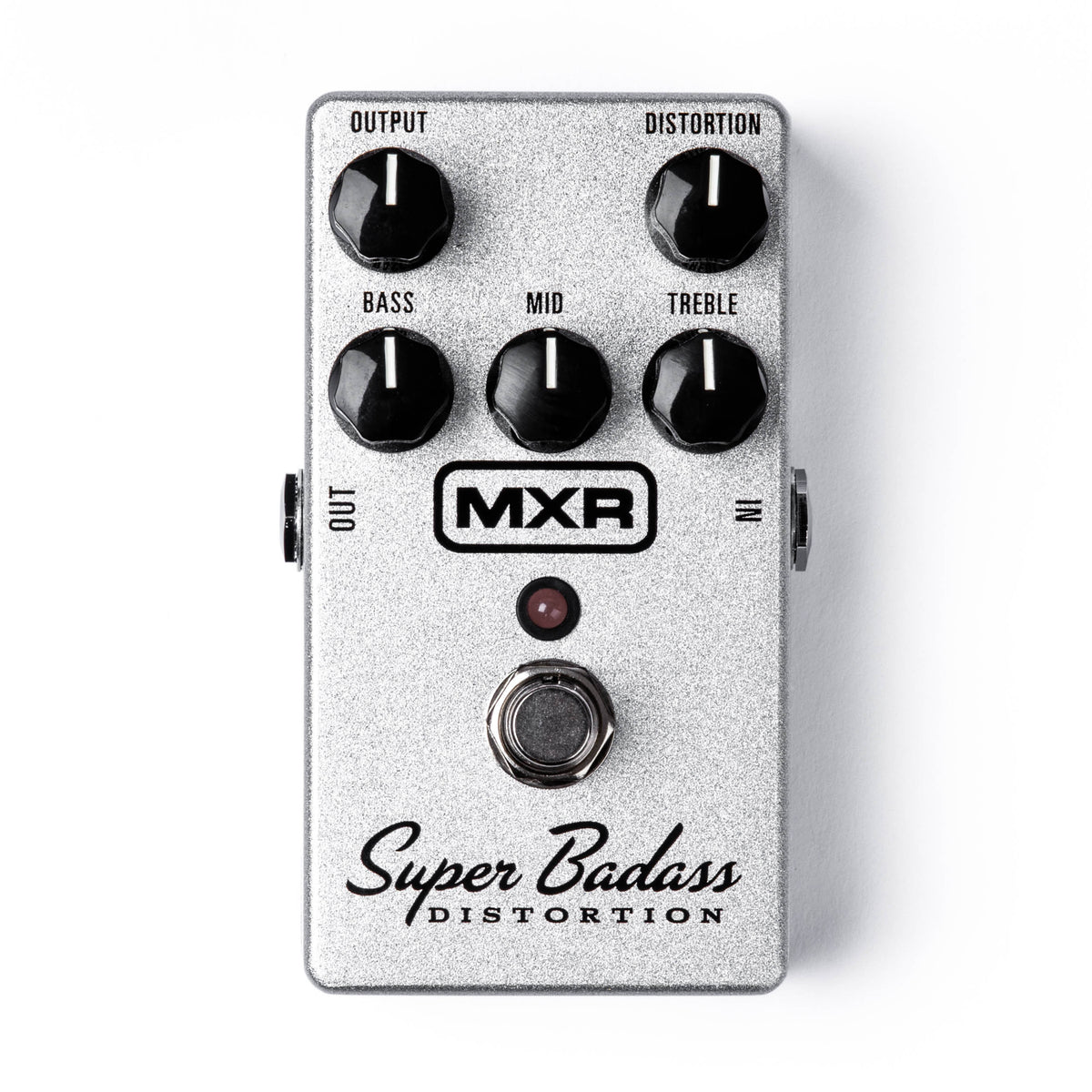 Top image of the MXR Super Badass Distortion pedal with various control knobs and on/off switch. The housing is a metallic silver color.