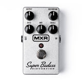 Top image of the MXR Super Badass Distortion pedal with various control knobs and on/off switch. The housing is a metallic silver color.