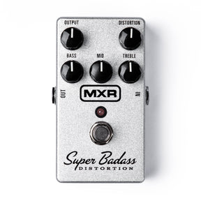 Top image of the MXR Super Badass Distortion pedal with various control knobs and on/off switch. The housing is a metallic silver color.