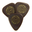 The image shows three Dunlop guitar picks with a dark brown, tortoiseshell-like color. Each pick has yellow/gold circular text including "PRIME TONE," "SCULPTED," "2.0," "PLECTRA," and "DUNLOP USA." They have a classic teardrop shape and a thickness of 2.0 mm, indicating a premium, durable material suited for players preferring a thicker pick and bright tone.