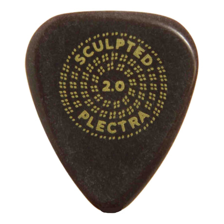 The image shows a dark-colored guitar pick with gold/yellow text reading "SCULPTED" at the top, "PLECTRA" at the bottom, and "2.0" in the center, surrounded by a dotted circular pattern. This branded pick likely belongs to the "Sculpted Plectra 2.0" line, suggesting ergonomic design or special texture for improved grip and playability. Guitar picks help musicians pluck or strum strings for varied tonal effects.