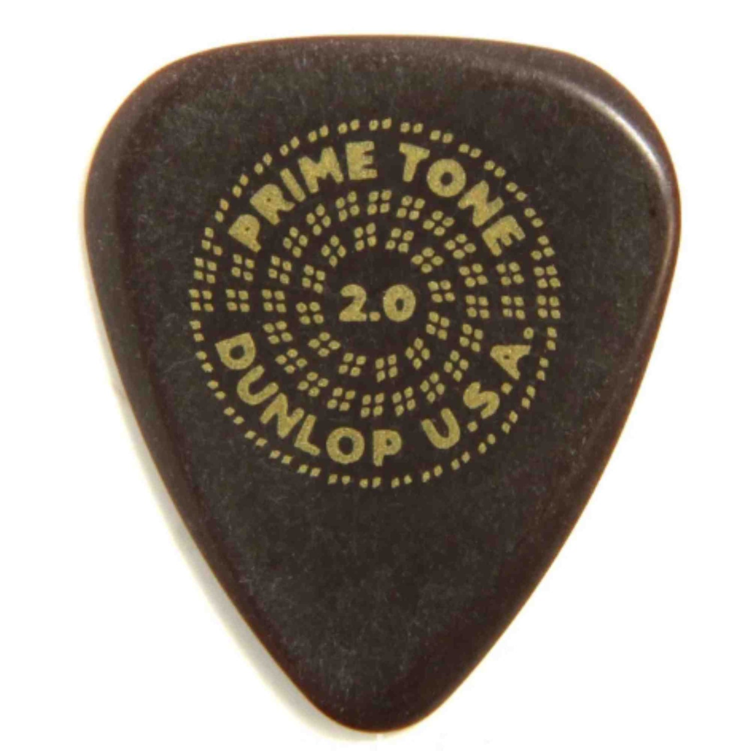 The image shows a Dunlop Primetone 2.0 guitar pick, made from a dark, tone-enhancing material. The "2.0" denotes its thickness in millimeters, offering control and a warm, full tone. The dotted circular pattern around the text provides grip. This premium pick is favored by serious guitarists for its durability and improved playing feel compared to standard picks.