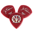 The image shows three red Dunlop guitar picks made in the U.S.A. Two picks feature white signature-style designs, while the third has a decorative monogram resembling "VW." These are likely artist signature series picks, popular collectible and performance accessories from Dunlop, a well-known manufacturer of guitar gear.