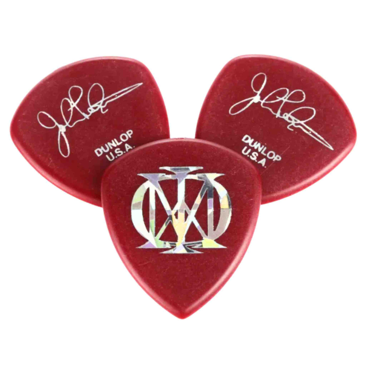 The image shows three red Dunlop guitar picks made in the U.S.A. Two picks feature white signature-style designs, while the third has a decorative monogram resembling "VW." These are likely artist signature series picks, popular collectible and performance accessories from Dunlop, a well-known manufacturer of guitar gear.