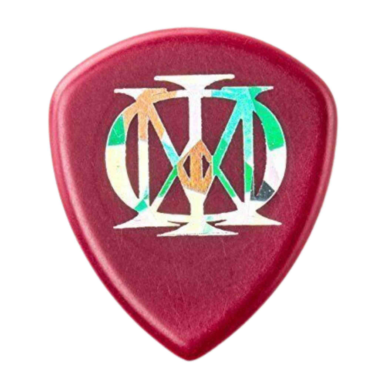 The image shows a classic teardrop-shaped guitar pick with a red/maroon plastic base. It features a colorful, artistic monogram or brand logo in the center with white, green, and orange elements. The pick appears to be medium thickness, suitable for general playing, and may be a branded or collectible accessory used to strum or pluck guitar strings.