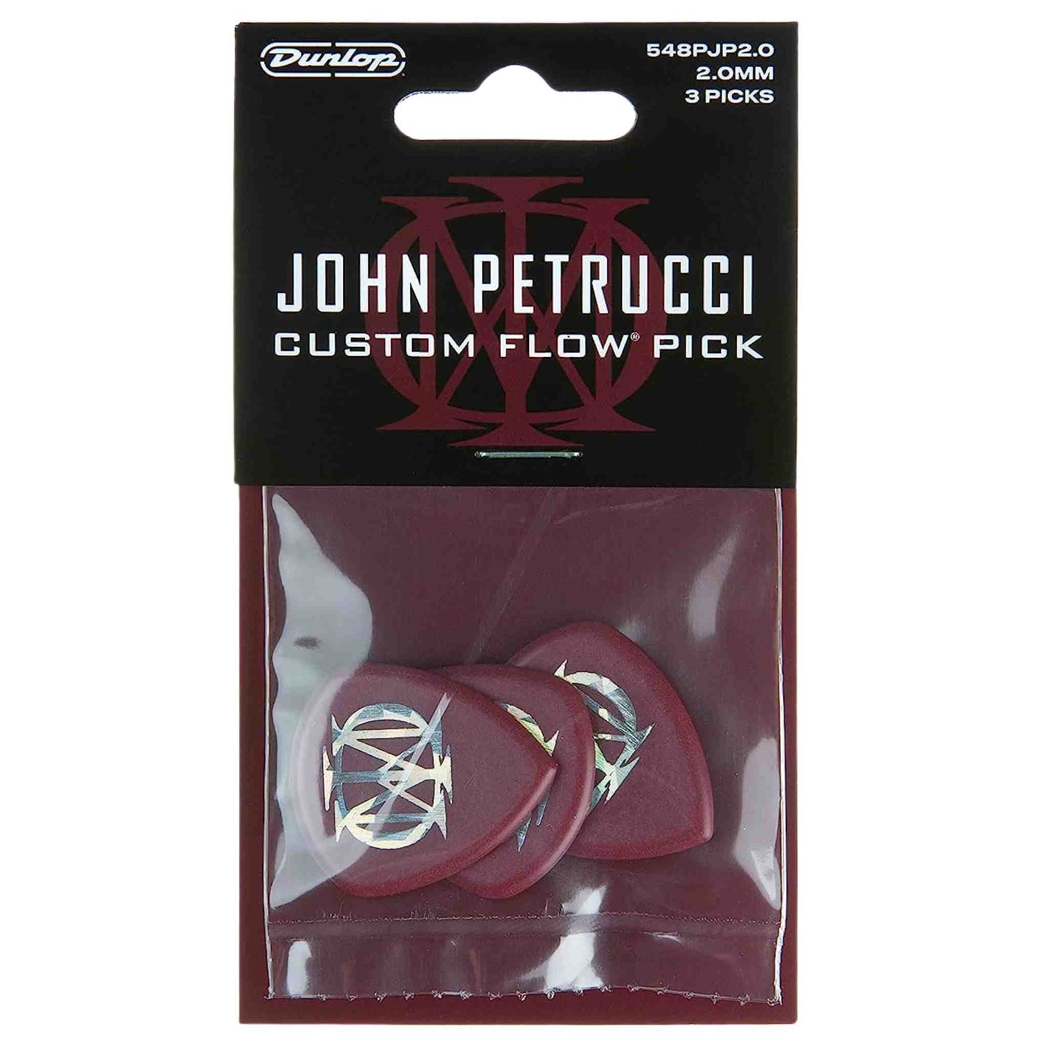 The image shows a package of three Dunlop John Petrucci Custom Flow Picks, model 548PJP2.0, each 2.0mm thick. These dark red/burgundy picks feature an iridescent design and come in Dunlop’s standard retail packaging with a black header and clear pouch. Designed for smooth playing and reduced pick noise, they offer a heavy, ergonomic feel favored by the Dream Theater guitarist.