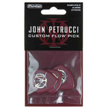 The image shows a package of three Dunlop John Petrucci Custom Flow Picks, model 548PJP2.0, each 2.0mm thick. These dark red/burgundy picks feature an iridescent design and come in Dunlop’s standard retail packaging with a black header and clear pouch. Designed for smooth playing and reduced pick noise, they offer a heavy, ergonomic feel favored by the Dream Theater guitarist.