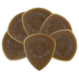 The image shows five Dunlop Flow guitar picks, each .88mm thick, made of translucent amber tortoiseshell material. They feature an ergonomic teardrop shape with "FLOW III," "DUNLOP USA," and ".88" embossed on them. These medium-heavy picks are designed for comfortable grip and versatile playing, suitable for strumming or lead guitar. Dunlop is a trusted brand known for quality guitar accessories.