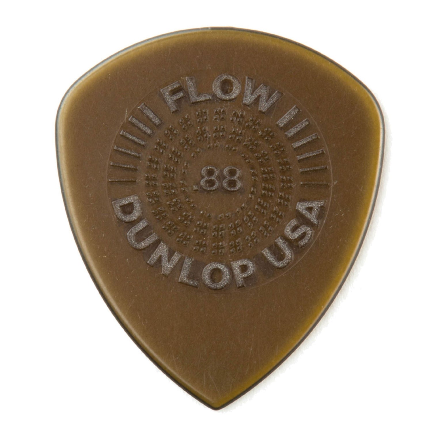 The image shows a teardrop-shaped Dunlop Flow guitar pick in a translucent golden-amber color. It has embossed text reading "FLOW" at the top, "DUNLOP USA" at the bottom, and "88" in the center, indicating its 0.88mm thickness. The pick’s central surface features a textured pattern of small raised dots for improved grip and control.