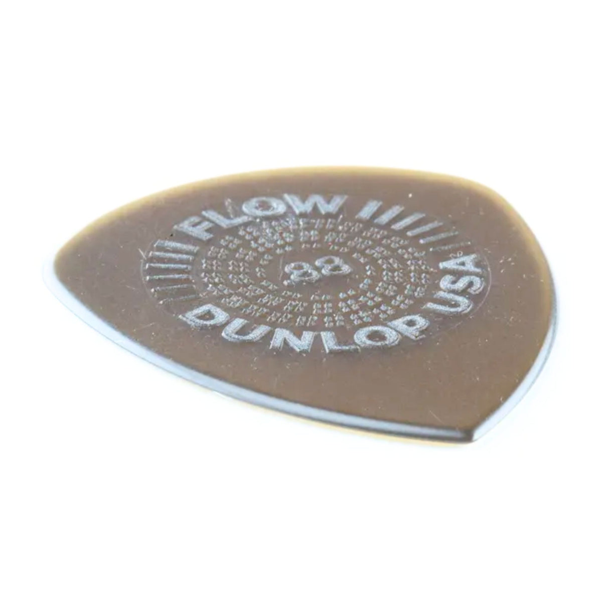 The image shows a translucent amber Dunlop guitar pick with the white Dunlop logo printed in a circular design at the center. Made of celluloid or similar material, this teardrop-shaped pick is a popular accessory for guitars, basses, and mandolins, providing players better control, tone, and precision compared to fingers. Dunlop is known for producing picks in various materials and thicknesses to suit different playing styles.
