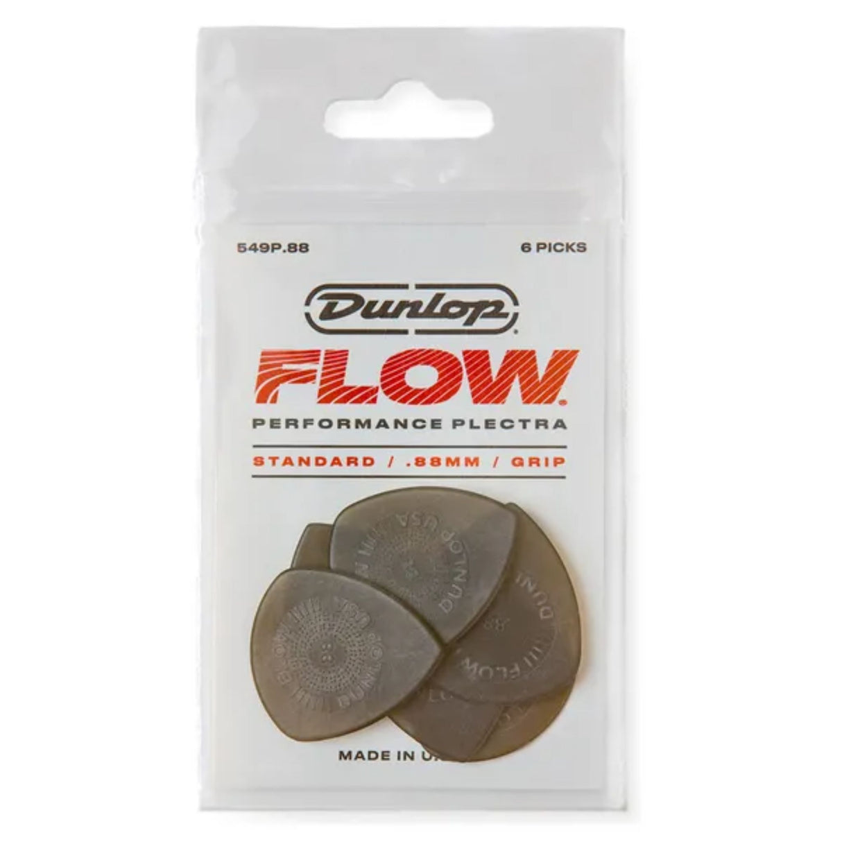 The image shows a package of Dunlop Flow Performance guitar picks, model 549P.88, containing six standard-sized, 0.88mm thick picks with a grip texture. The brownish-tan picks feature embossed Dunlop branding. The white packaging displays the red Flow logo. Designed with Flow technology, these medium-heavy picks offer improved playability and tone for various guitar styles.
