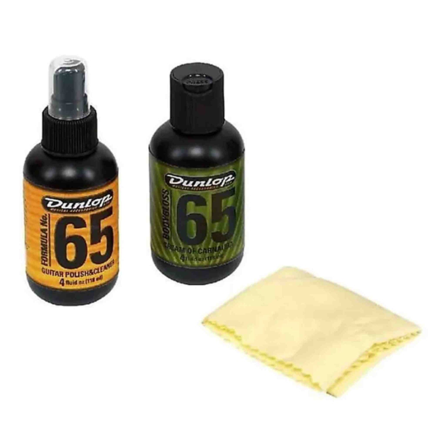 The image shows a Dunlop guitar care kit featuring two bottles of Formula 65 guitar maintenance products—one orange-labeled guitar polish & cleaner spray and one green-labeled cleaner or conditioner—alongside a light yellow microfiber cloth. This kit is designed to clean, polish, and protect guitars, helping musicians maintain their instrument’s finish and playability.