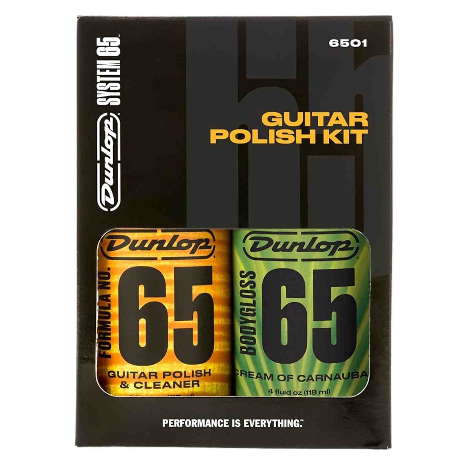 The image shows a Dunlop Guitar Polish Kit (model 6501) containing two bottles from the "65" line: Formula No. 65 Guitar Polish & Cleaner (orange) and Formula No. 65 Bodygloss "Cream of Carnauba" (green, 4 fl oz). This professional kit is designed for cleaning, polishing, and protecting guitar finishes, featuring classic Dunlop branding and the tagline "Performance is Everything." It is a trusted accessory for guitar maintenance.