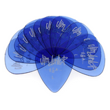 The image shows a fan-like arrangement of translucent blue guitar picks branded with "Jim Dunlop" in white text. The picks appear uniform in thickness and material, likely celluloid or similar plastic. Jim Dunlop is a well-known maker of guitar accessories. These picks are used to strum or pluck guitar strings and come in various thicknesses and colors to suit different playing styles.