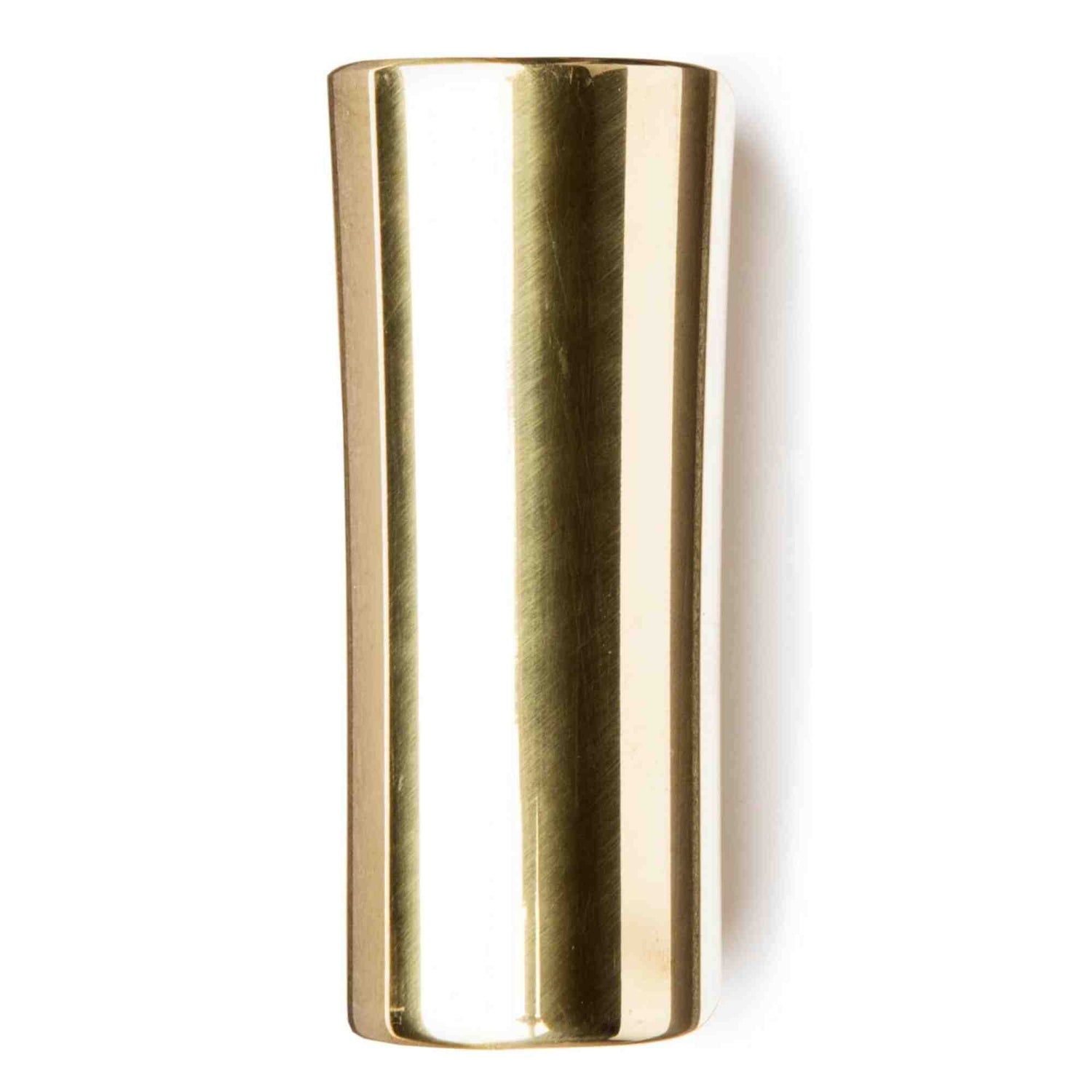 The image shows a brass guitar slide, a polished cylindrical tube used to create smooth, gliding tones by sliding along guitar strings. Commonly worn on the ring finger or pinky, slides come in various materials like glass, ceramic, steel, and brass, each affecting tone. Brass slides produce a warm, mellow sound with good sustain and are essential for blues, country, rock, and other slide guitar styles.