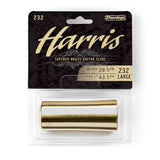The image shows a Harris Tapered Brass Guitar Slide by Dunlop, a polished brass tube used for slide guitar playing. The packaging highlights the brand Harris, model 232, size large, with an inside diameter of 20.5mm and length of 63.5mm. The slide’s tapered design is ideal for creating smooth, gliding tones common in blues, country, and rock music. It is presented in a clear blister pack with black and gold branding.