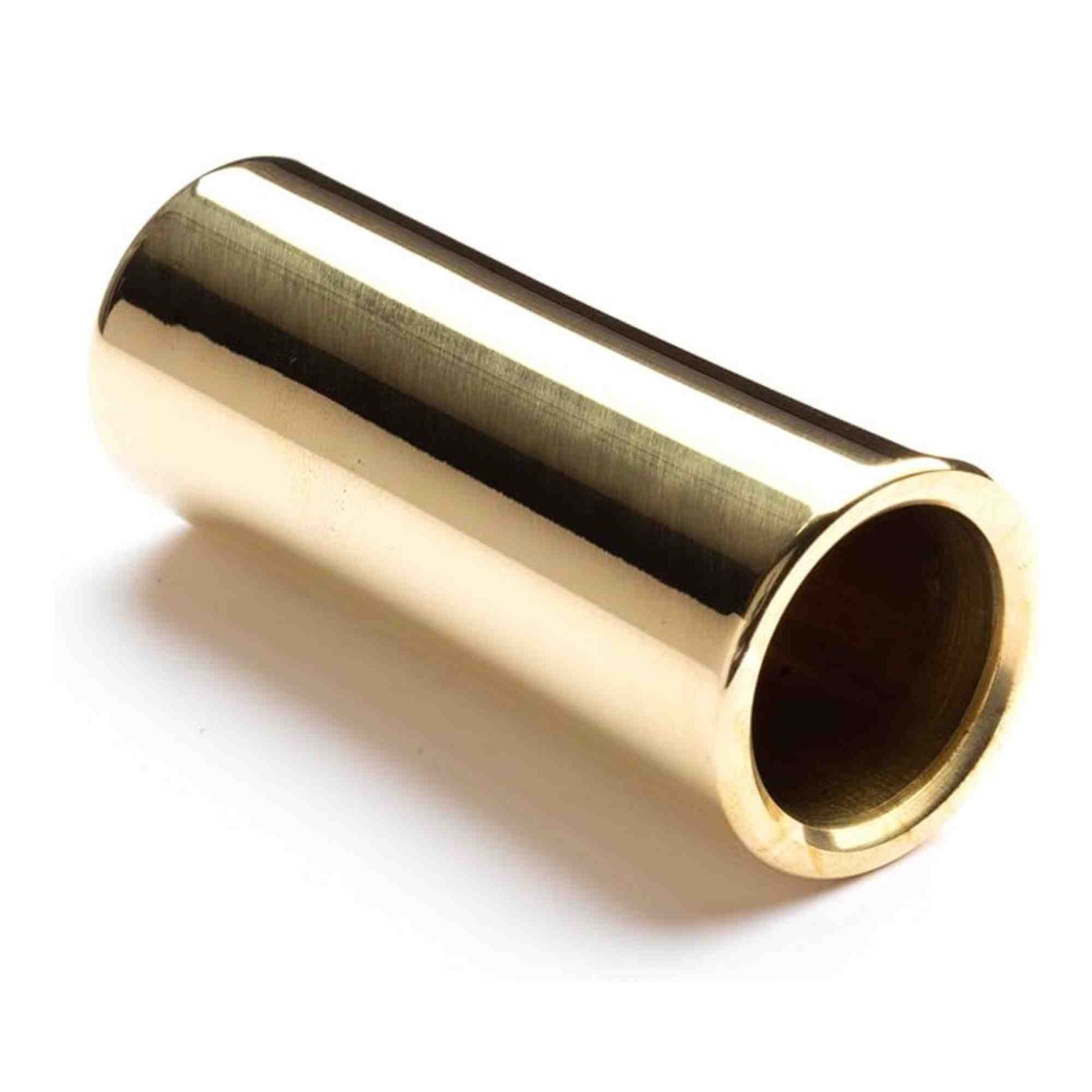 The image shows a cylindrical guitar slide with a polished brass or metal finish in golden/bronze tones. Used in blues, country, and rock, guitar slides are worn on a finger to glide along strings, producing a smooth, sustained sound. This well-crafted slide features a sturdy design and smooth surface for durability and clear tone, favored by both amateur and professional slide guitar players.