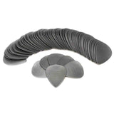 The image shows dozens of black or dark gray teardrop-shaped guitar picks arranged in a curved, fan-like pattern, with a few displayed separately in the foreground. These matte-finished picks likely have a grip texture to prevent slipping and are made of plastic. This bulk collection is practical for musicians who need multiple picks for playing, practice, or performance.