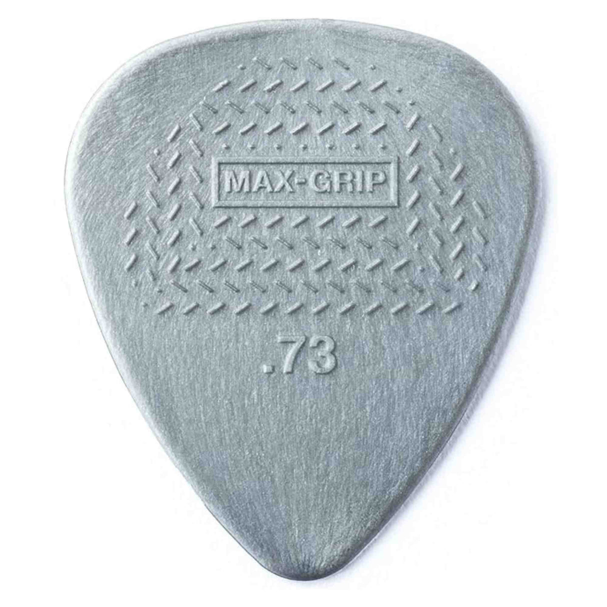 The image shows a gray, teardrop-shaped guitar pick embossed with "MAX-GRIP" and marked ".73" for its 0.73mm medium thickness. Made of nylon or similar material, it features a textured crosshatch grip pattern designed to prevent slipping, offering better control for versatile playing styles, from strumming chords to picking individual notes.