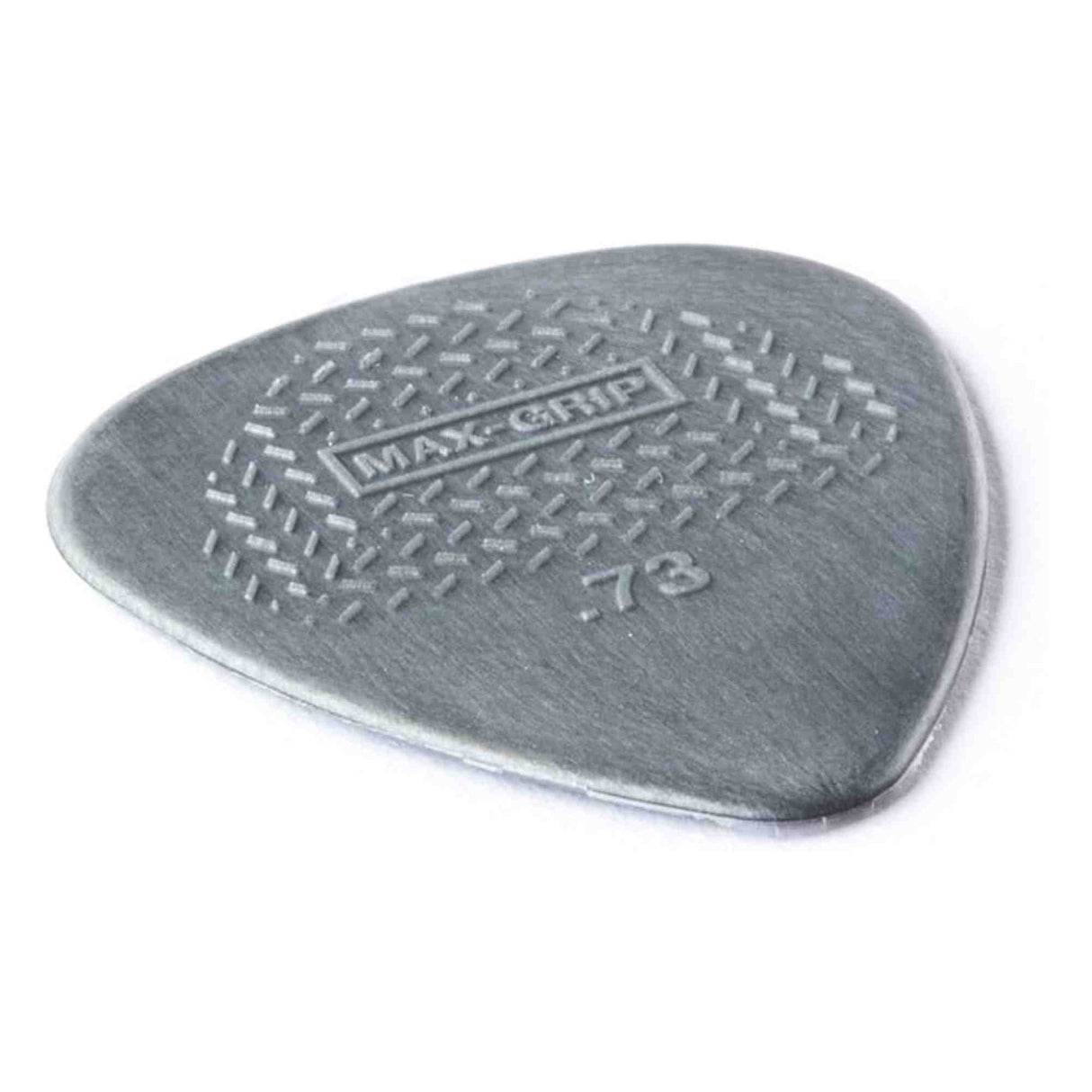 The image shows a gray/silver "Max-Grip" guitar pick with a textured surface of raised dots for enhanced grip. It is marked ".73," indicating a 0.73mm medium gauge thickness. Designed to prevent slipping, this common plectrum is used by guitarists to strum or pluck acoustic and electric guitar strings.