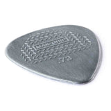 The image shows a gray/silver "Max-Grip" guitar pick with a textured surface of raised dots for enhanced grip. It is marked ".73," indicating a 0.73mm medium gauge thickness. Designed to prevent slipping, this common plectrum is used by guitarists to strum or pluck acoustic and electric guitar strings.