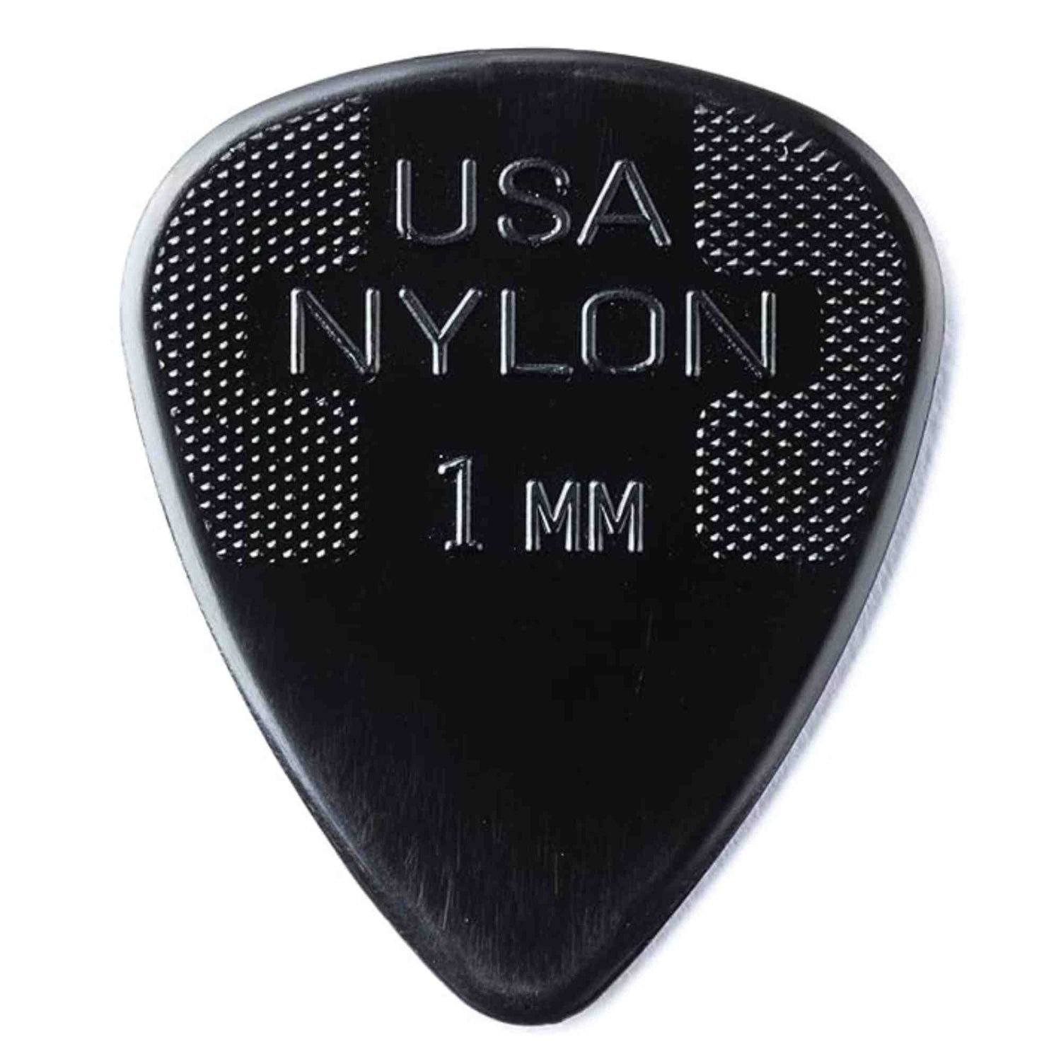 The image shows a black nylon guitar pick with "USA NYLON" and "1 MM" embossed on it. It features a classic teardrop shape with a pointed tip, a textured dotted grip on the upper portion, and white text and borders. The 1mm thickness offers a balance of flexibility and durability, suitable for both strumming and lead playing.