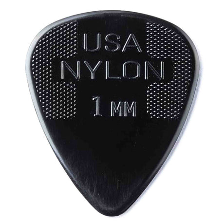 The image shows a black nylon guitar pick with "USA NYLON" and "1 MM" embossed on it. It features a classic teardrop shape with a pointed tip, a textured dotted grip on the upper portion, and white text and borders. The 1mm thickness offers a balance of flexibility and durability, suitable for both strumming and lead playing.