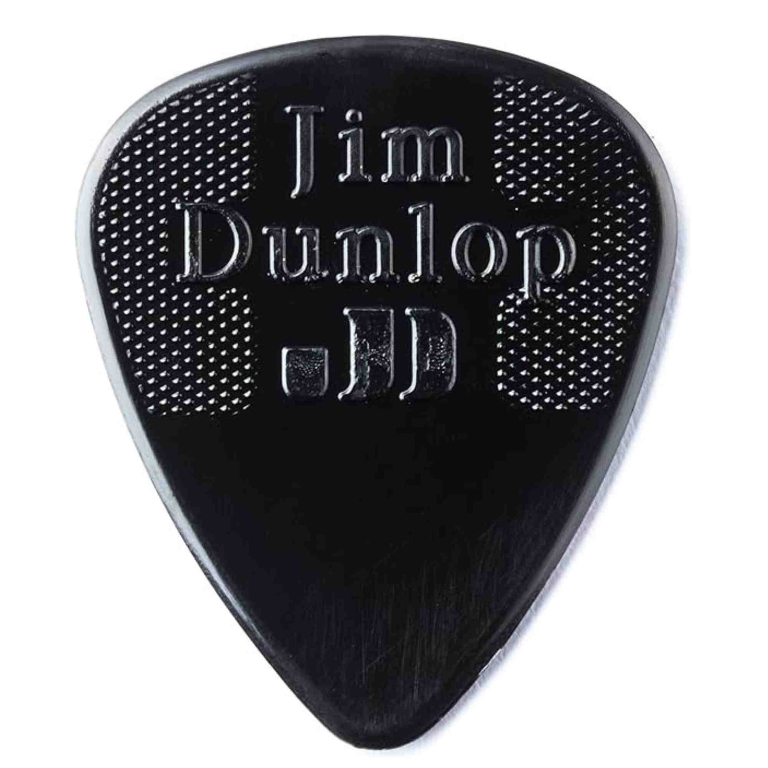 The image shows a black Jim Dunlop teardrop-shaped guitar pick with the brand name and "JD" initials embossed on its surface. It features a textured grip area with small raised dots on either side of the branding to prevent slipping. Made from polymer, this standard pick is designed for strumming and picking guitar strings.