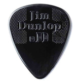 The image shows a black Jim Dunlop teardrop-shaped guitar pick with the brand name and "JD" initials embossed on its surface. It features a textured grip area with small raised dots on either side of the branding to prevent slipping. Made from polymer, this standard pick is designed for strumming and picking guitar strings.